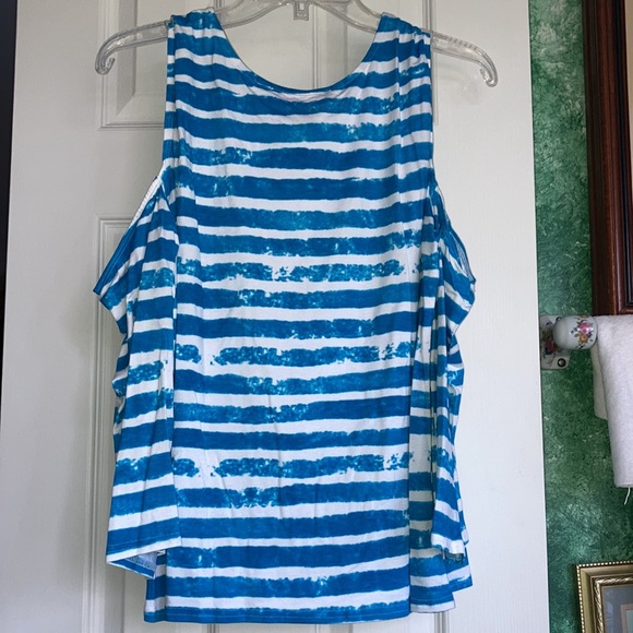 NWT PECK & PECK wh w/ turq. horizontal stripe cold- shoulder top, $20 - Picture 6 of 6